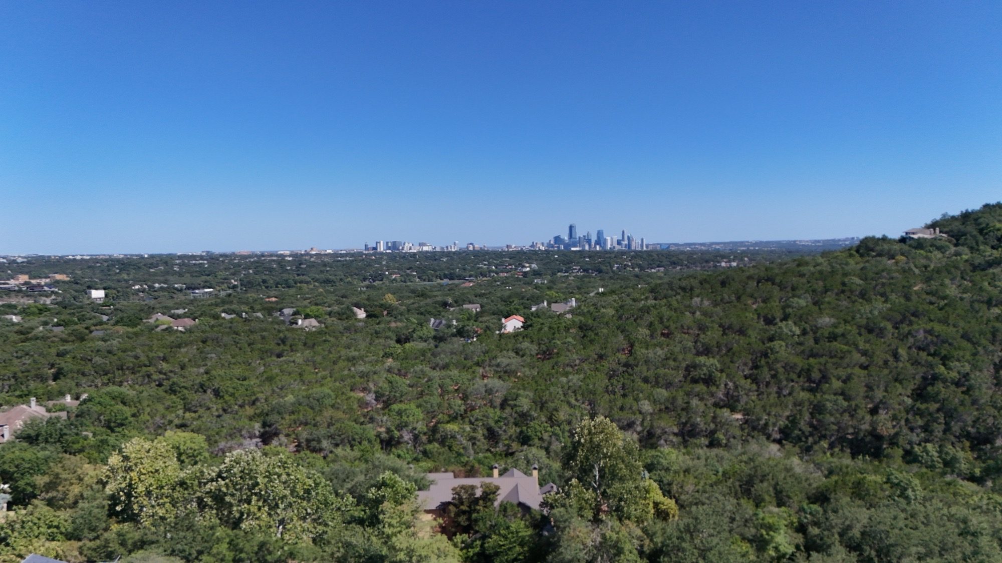 Hill Country tree canopy near Dripping Springs with the Austin skyline in the distance
